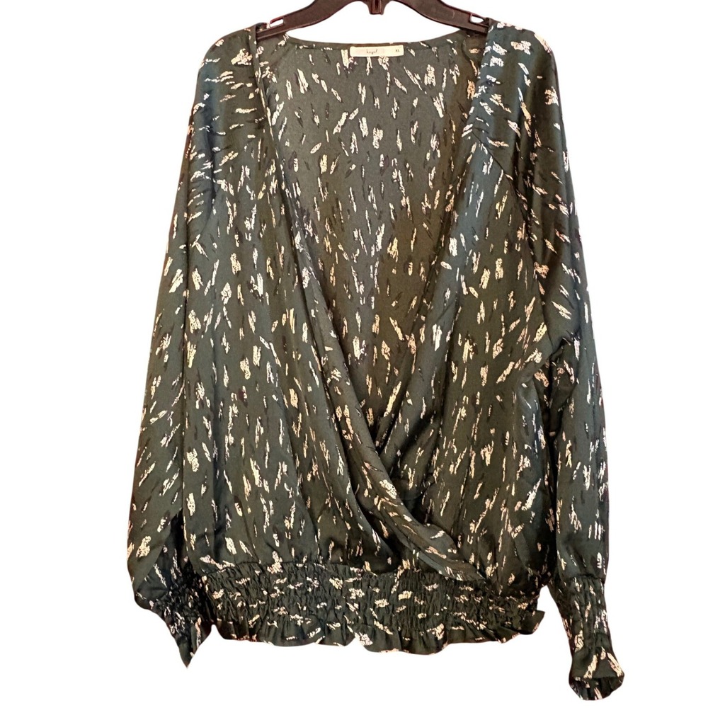 Axel Womens XL Green Abstract Print Surplice V-Neck Smocked Waist Blouse H37175